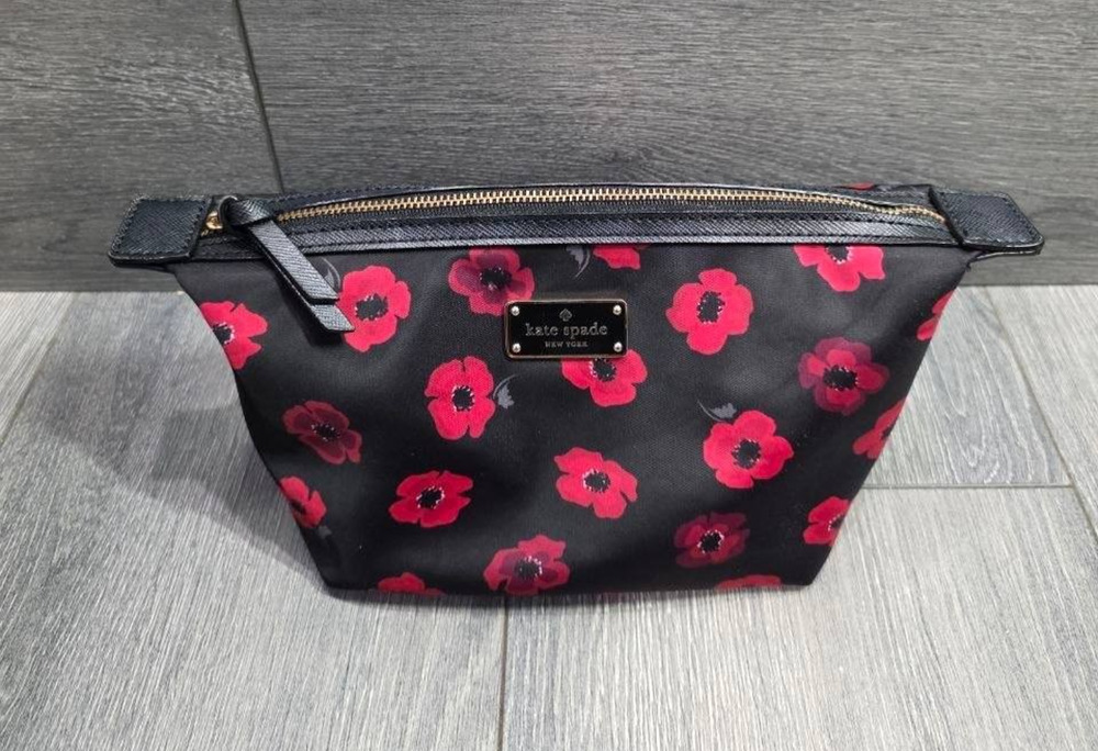 KATE SPADE Floral Poppy Makeup Cosmetic Pouch Case Black Red Bag B000805